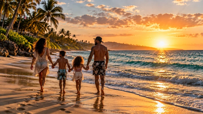 Family of four walking hand in hand along a tropical beach at sunset with palm trees and ocean waves.